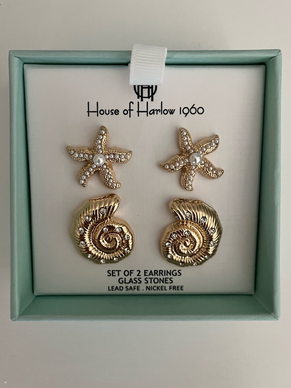 House of Harlow 1960 Gold Starfish and Shell Stud Earrings Set of 2 New